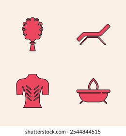 Set Aroma candle, Sauna broom, Sunbed umbrella and Massage icon. Vector