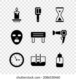 Set Aroma candle, Sauna brush, hourglass, clock, Swimming pool with ladder, Essential oil bottle, Facial cosmetic mask and wood bench icon. Vector