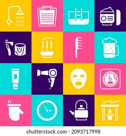 Set Aroma candle, Sauna thermometer, Wooden beer mug, Swimming pool with ladder, Incense sticks, axe stump, Shower and Hairbrush icon. Vector