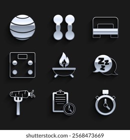 Set Aroma candle, Sport training program, Stopwatch, Sleepy, Carrot on fork, Bathroom scales, Big bed and Fitness ball icon. Vector