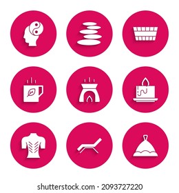 Set Aroma candle, Sunbed umbrella, Sauna hat, Massage, Cup of tea leaf, bucket and Yin Yang icon. Vector
