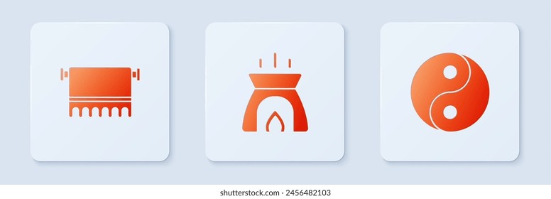 Set Aroma candle, Towel on hanger and Yin Yang. White square button. Vector