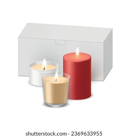 Set of aroma candles in glass and metallic pack with box container realistic vector illustration. Aromatherapy cosiness and relaxing wax product package for home interior aromatic creative decoration