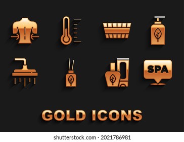 Set Aroma diffuser, Essential oil bottle, Spa salon, Ointment cream tube, Shower head, Sauna bucket, Massage and thermometer icon. Vector