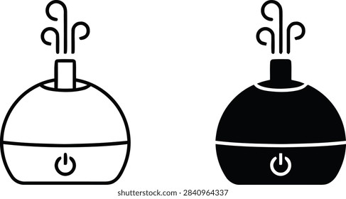 A set of aroma diffuser icons, featuring both outline and solid styles, designed for home wellness and air quality applications.