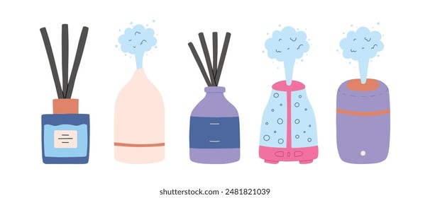 Set of aroma diffusers in flat style. Collection hand drawn diffusers isolated on a white background. Vector illustration.