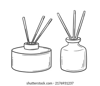 A set of aroma diffusers in a jar with wooden sticks for the home. Doodle sketch style. Linear simple diffuser hand drawn in line style. Isolated vector illustration.