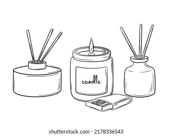 Un conjunto de aromas se difunde en un frasco con palos de madera para la casa. Velas en frasco de vidrio con cerillas en estilo boceto de doodle. Ilustración vectorial aislada dibujada a mano en estilo de línea.