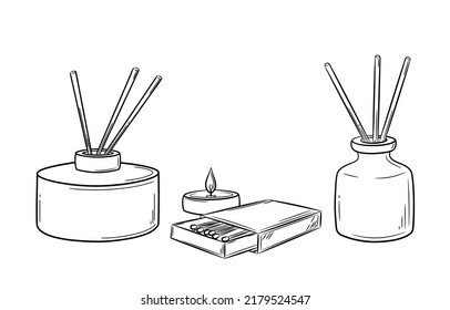 A set of aroma diffusers in a jar with wooden sticks for the home. Candle and matches in doodle sketch style. Linear simple diffuser, hand drawn in line style. Isolated vector illustration.