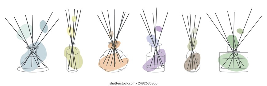 Set of aroma diffusers in jar with wooden Bamboo sticks for the home. Doodle sketch style. Linear simple diffuser with Abstract color shapes, hand drawn in line style. Isolated vector illustration.