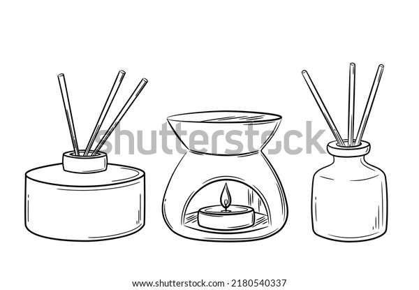 A\
set of aroma diffusers in a jar with wooden sticks for the home.\
Candle in oil lamp in doodle sketch style. Linear simple diffuser,\
hand drawn in line style. Isolated vector\
illustration.