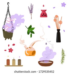 Set of aroma diffusers, smoke, smell, aroma plants, vector illustration.