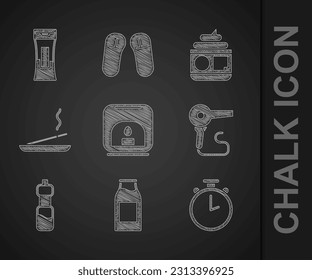 Set Aroma lamp, Bottle with milk, Stopwatch, Hair dryer, of water, Scented spa stick, Cream or lotion cosmetic tube and shampoo icon. Vector