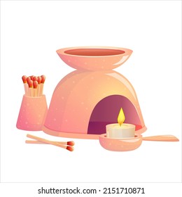Set of aroma lamp with matches and a candle for relaxation and meditation isolated on a white background. Cartoon vector illustration.