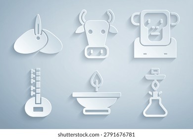 Set Aroma lamp, Monkey, Sitar, Hookah, Cow and Indian headgear turban icon. Vector