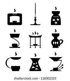 Set of aroma lamps SPA icons. Aromalamps. Collection of black spa silhouettes of aroma candles. Aromatherapy contour elements for design