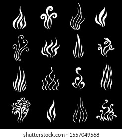 Set of Aromas icons. Symbols of vapor  smoking and cooking smells in line art style white on black