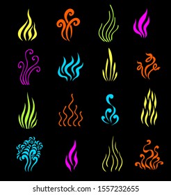 Set of Aromas icons. Symbols of vapor  smoking and cooking smells in line art style colorful tones