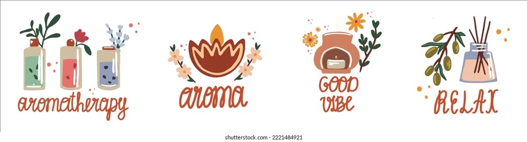 Set of aromatherapy elements with essential oils and lettering.