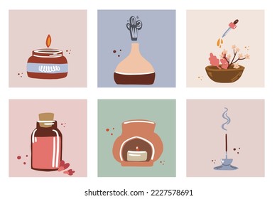 Set of aromatherapy posters. Essential oils, incense and candles. The concept of relaxation.