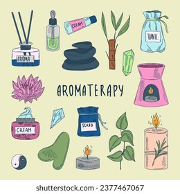 Set for aromatherapy, spa, massage. Wax candle, stones, cream. Vector illustration	
