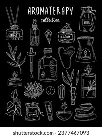 Set for aromatherapy, spa, massage. Wax candle, stones, cream. Vector illustration	