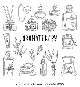 Geeignet für Aromatherapie, Spa, Massage. Wachse Kerze, Steine, Sahne. Vektorgrafik	