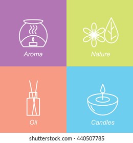 Set aromatherapy symbols. The emblem or logo aromatherapy, candles, nature, oil. Vector illustration.