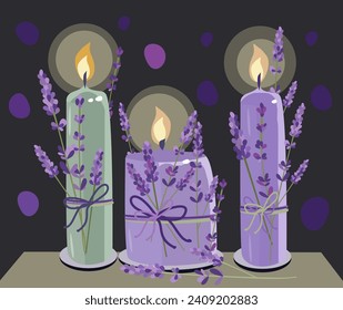 Set of aromatic burning lavender candles on a black background. Sprigs of lavender. Vector illustration