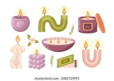 A set of aromatic burning soy candles. In a glass with a wooden wick, a curved, bubble, female body. Aromatherapy, relaxation. Small business, handmade. Hand drawn flat vector illustration. Matchbox.