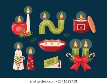 A set of aromatic festive burning soy candles. In a glass with a wooden wick, a curved. holly, and candy canes, spreading holiday. Aromatherapy, relaxation. Small business, handmade.