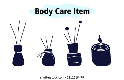 A set of aromatic items for the bathroom. Scented candle and sticks. Body care. Vector illustration in solid design on a white background.