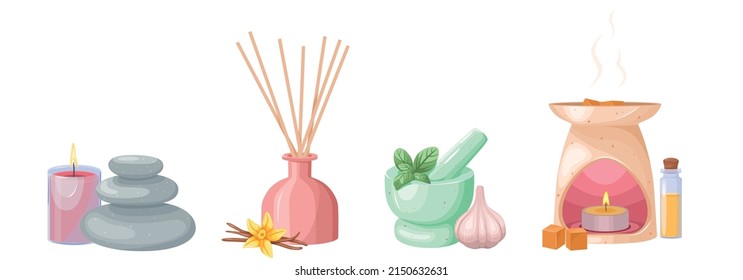 A set of aromatic items on an isolated white background. Hygge time. Set for aromatherapy and relaxation. Hand drawn cartoon vector. Fragrance concept. Hot stones, scented candles and sticks, mortar.