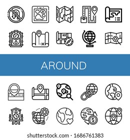 Set of around icons. Such as No turn, Cuckoo clock, Map, World globe, Worldwide, World, Earth, Globe , around icons