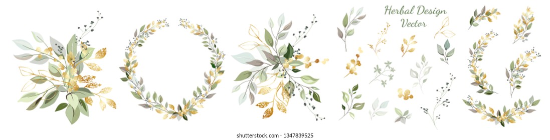 Set. Arrangement of decorative leaves and gold elements. Collection: leaves, twigs, herbs, leaf compositions, gold, wreath. Vector design.