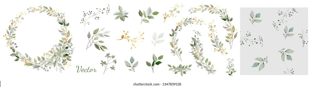 Set. Arrangement of decorative leaves and gold elements. Collection: leaves, twigs, herbs, leaf compositions, gold, wreath, seamless pattern. Vector design.