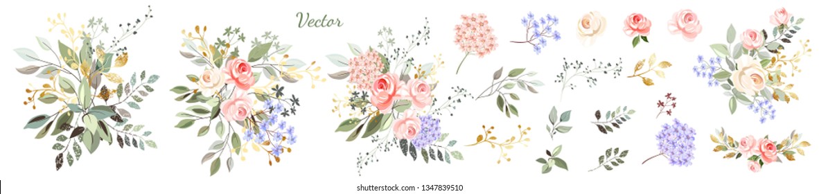 Set. Arrangement of pink roses, decorative leaves . Collection: roses, blue flowers, leaves, twigs,herbs, flower arrangements. Vector design.