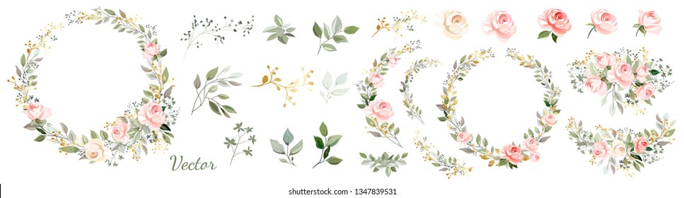 Set. Arrangement of pink roses, decorative leaves and gold elements. Collection: roses, leaves, twigs,herbs, flower arrangements, gold, wreath. Vector design.