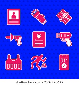 Set The arrest warrant, Crime scene, Telephone call 911, Police electric shocker, Bulletproof vest, megaphone, Stacks paper money cash and Wanted poster icon. Vector