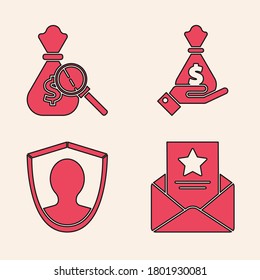 Set The arrest warrant, Money bag and magnifying glass, Hand holding money bag and User protection icon. Vector