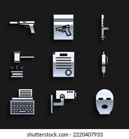 Set The Arrest Warrant, Security Camera, Thief Mask, Pen, Retro Typewriter, Judge Gavel, Police Rubber Baton And Pistol Or Gun With Silencer Icon. Vector