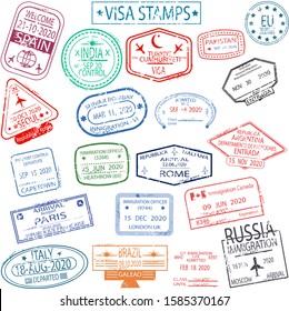 Set of arrival and departure visa stamps. Vector illustration.