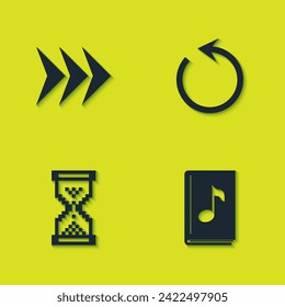 Set Arrow, Audio book, Hourglass pixel and Refresh icon. Vector