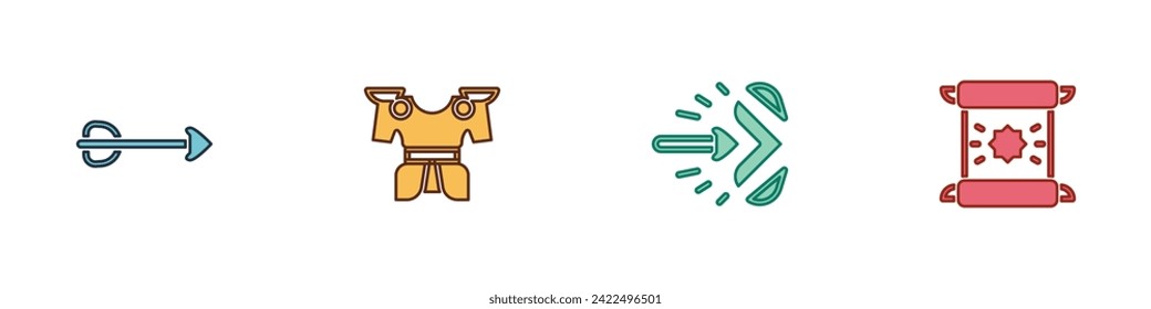 Set Arrow, Body armor, Magic arrow and Decree, parchment, scroll icon. Vector