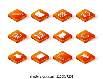Set Arrow, Book, Bus stop, Supermarket building, Folding ruler, Audio book, and Laurel wreath icon. Vector