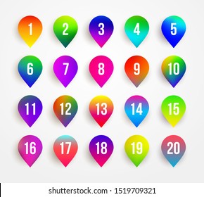 Set of Arrow bullet point colorful 3d markers with number 1 To 20. Gradient vector illustration. Isolated on white background.