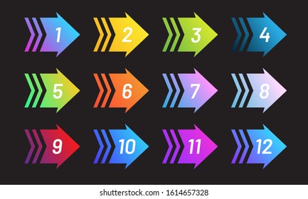 Set of arrow bullet point with number from 1 to 12 isolated on black background