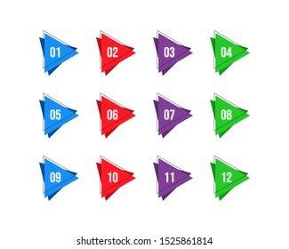 Set arrow bullet point triangle flags on white background with colorful gradient. Markers with number 1 to 12. vector illustration.