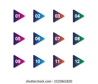 Set arrow bullet point triangle flags on white background with colorful gradient. Markers with number 1 to 12. vector illustration.