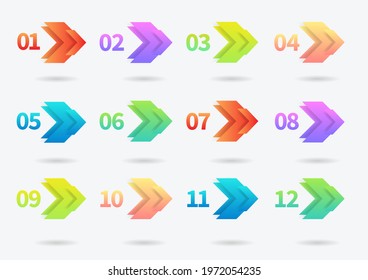 Set arrow bullet point triangle flags on white background. Colorful gradient markers in cyber style with number from 1 to 12. Modern vector illustration.